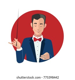 Conductor vector illustration isolated on white background. Cartoon charachter. Enjoing music persone. 
