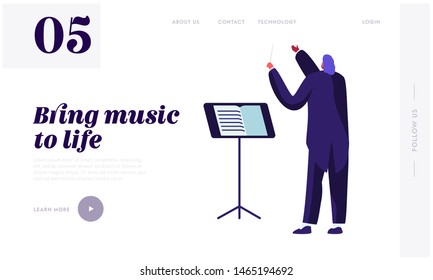 Conductor Wearing Tuxedo Holding Stick at Music Stand, Symphony Orchestra Classical Music Concert Performing on Stage, Theater Website Landing Page, Web Page. Cartoon Flat Vector Illustration, Banner