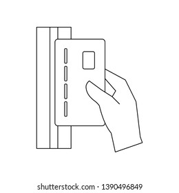 conducts a card through the terminal icon. Element of banking for mobile concept and web apps icon. Outline, thin line icon for website design and development, app 