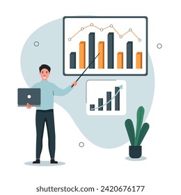 Сharacter conducts consultations for his employees. Analyzes different types of graphs. Concept of working in the office. Vector illustration.