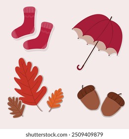 cone, autumn , leaves, umbrella,
socks,
orange, brow, cheerful, beige, burgundy,Autumn elements a red umbrella  are on a white background