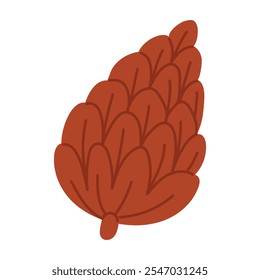 El cono es un doodle plano aislado de abeto seco cerrado marrón. La naturaleza del herbario forestal. Ilustración vectorial aislada sobre un fondo blanco. Una ilustración simple para la decoración