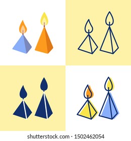 Cone candles icon set in flat and line style. Bright light source with burning flame. Home interior decor. Vector illustration.