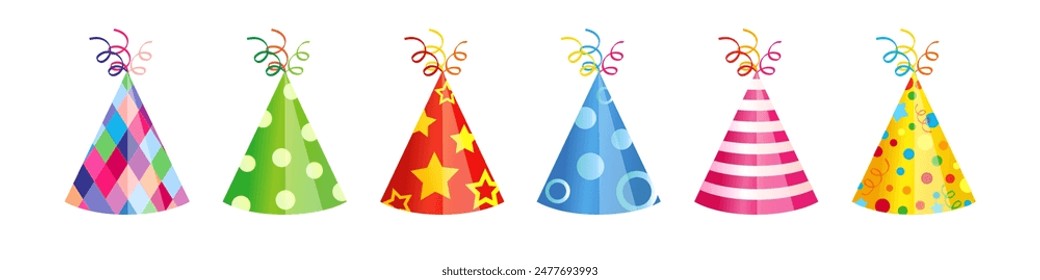 Cone caps cute collection. Set of 3D holiday hats. Vector clipart. Icon template. Greeting card graphic elements. Sample design. Isolated shapes. Festive icons. Birthday decoration. Colorful concept.