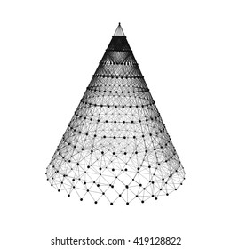 Cono con líneas y puntos conectados. Resumen de la estructura de conexión 3D. Forma geométrica para el diseño.