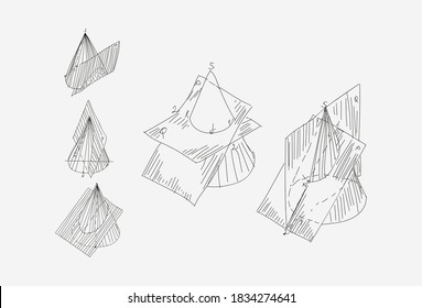 Cone construction of axonometry of a flat figure, hand-drawn vector in section from a lesson in cherry and geometry for schoolchildren and students