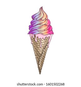 Cone cup Ice cream with strawberry rainbow cream. Sweet dessert. Isolated white background. Vector illustration.