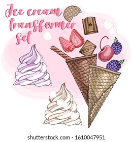 Cone Cup Ice Cream Transformer Set With Chocolate, Vanilla, Strawberry, Cherry, Blackberry, Waffle Sticks, Biscuit Cookie, And Marshmallows. Sweet Dessert. Isolated White Background. Vector Illustration