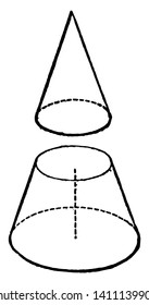 The cone is cut in the middle, it is split into two parts. The lower part is called the trunk, vintage line drawing or engraving illustration.