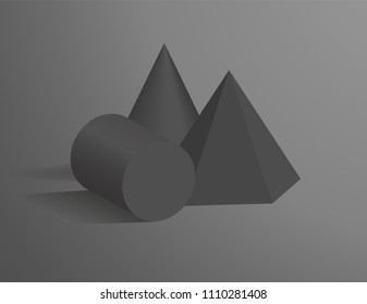 Cone, cylinder and hexagonal pyramid 3D geometric black shapes. Three dimensional figures of dark colors in single composition vector illustration.