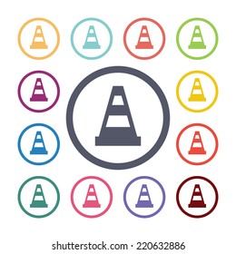 cone flat icons set. Open round colorful buttons. Vector 