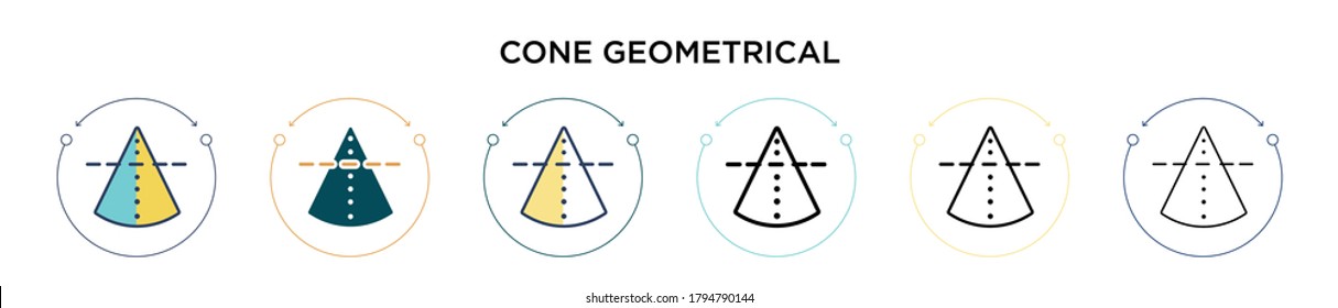 Cone geometrical icon in filled, thin line, outline and stroke style. Vector illustration of two colored and black cone geometrical vector icons designs can be used for mobile, ui, web