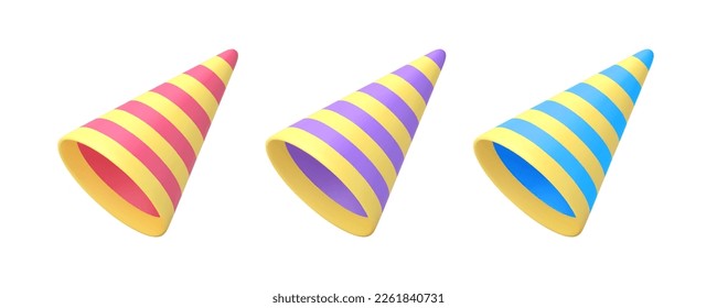 Cone hat striped birthday party anniversary headdress festive surprise event celebration 3d icon set realistic vector illustration. Holiday cap carnival costume dressing accessory entertainment