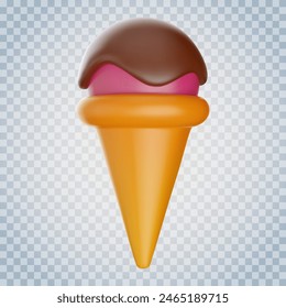 Cone ice cream in 3d cartoon style. Cute realistic render element isolated on transparent background. Soft child toy. Bright vector illustration.