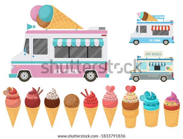 Cone ice cream and ice\
cream car clipart vector design illustration. Ice cream set. Vector\
Clipart Print