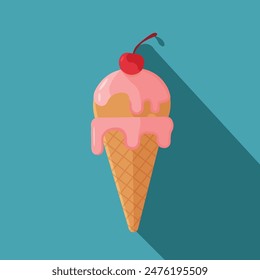 Cone ice cream with a cherry on top. Cream is melting, Ice cream gelato flat minimalist vector illustration
