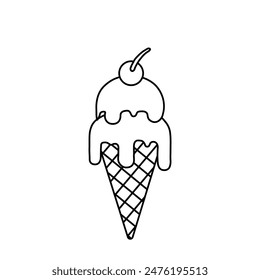 Cone ice cream with a cherry on top. Cream is melting, Ice cream gelato outline drawings, editable stroke