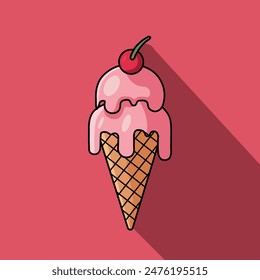 Cono de helado con una cereza en la parte superior. La crema se está derritiendo, helado helado helado Ilustración vectorial plana minimalista