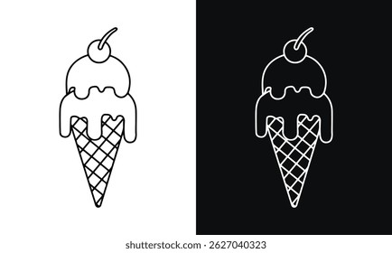 Cone ice cream with a cherry on top. Cream is melting, Ice cream gelato outline drawings, editable stroke. vector illustration eps file.