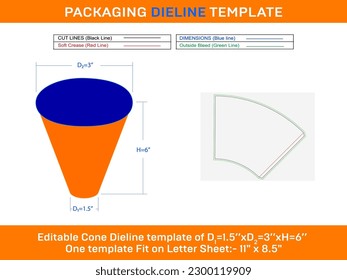 Cone Ice cream D1 1.5xD2 3xH 6 inch Dieline Template