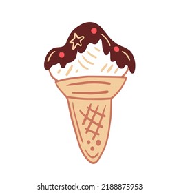Cone ice cream doodle. Cute hand drawn childish dessert in trendy cartoon style. Kids menu, restaurant, cafe, print, poster, card, cover