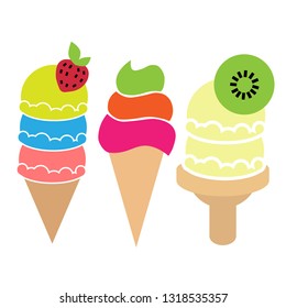 cone ice cream with fruit flat illustration. Food and drink, dessert image on white