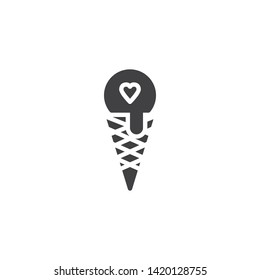 Cone ice cream with heart vector icon. filled flat sign for mobile concept and web design. Love ice cream glyph icon. Valentine day desert symbol, logo illustration. Vector graphics