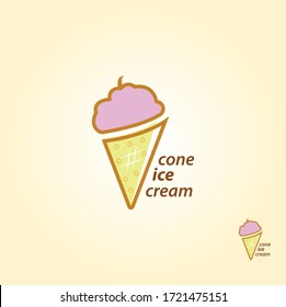 Cone Ice Cream Logo Design Template-Sweet dessert in waffle melt strawberry pink delicious cone logo background. Line street food symbol. Candy concept for cafe, cafeteria, restaurant, stall.