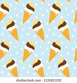 Cone ice cream seamless pattern on blue background. Vector illustration