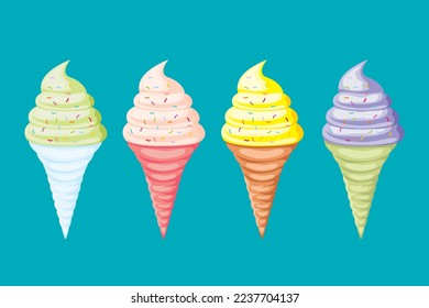 Cone ice cream with various flavors. Vector illustration of delicious ice cream in vanilla, green tea and other interesting flavors