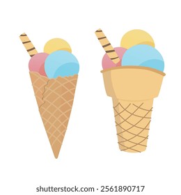 Cone ice cream vector. Summer element. Summer food. Dessert, sweet food. Yummy street food, confectionery snacks. Cone waffle with filling, ice cream balls in cup, ice cream in cone. Flat vector.