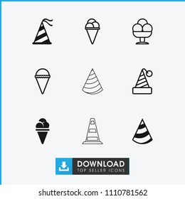 Cone icon. collection of 9 cone filled and outline icons such as party hat. editable cone icons for web and mobile.