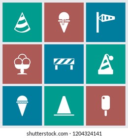 Cone icon. collection of 9 cone filled icons such as party hat, ice cream. editable cone icons for web and mobile.