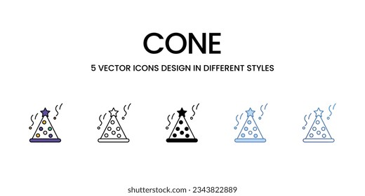 Cone Icon Design in Five style with Editable Stroke. Line, Solid, Flat Line, Duo Tone Color, and Color Gradient Line. Suitable for Web Page, Mobile App, UI, UX and GUI design.