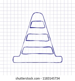 Cone Icon. Hand drawn picture on paper sheet. Blue ink, outline sketch style. Doodle on checkered background