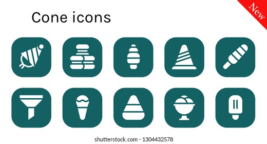 cone icon set. 10 filled cone icons.  Collection Of - Party hat, Macaron, Ice cream, Cone, Popsicle, Funnel, Candy corn