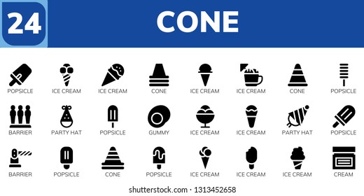 cone icon set. 24 filled cone icons.  Collection Of - Popsicle, Ice cream, Cone, Barrier, Party hat, Gummy, Cream