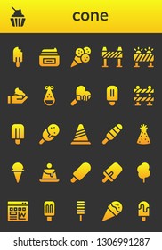 cone icon set. 26 filled cone icons.  Collection Of - Popsicle, Ice cream, Cream, Barrier, Party hat, Cone, Creme caramel, Cotton candy, Traffic