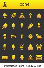 cone icon set. 26 filled cone icons.  Collection Of - Ice cream, Party hat, Creme caramel, Popsicle, Barrier, Funnel, Cone, Cream, Cotton candy icons