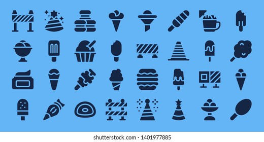 cone icon set. 32 filled cone icons. on blue background style Collection Of - Barrier, Ice cream, Cream, Party hat, Popsicle, Pastry bag, Macaron, Gummy, Funnel, Cone, Roadblock