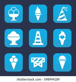 cone icon. Set of 9 filled cone icons such as cone barrier, barrier, ice cream