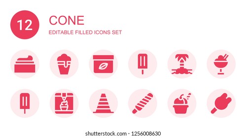 cone icon set. Collection of 12 filled cone icons included Cream, Ice cream, Ice lolly, Island, Cone, Popsicle