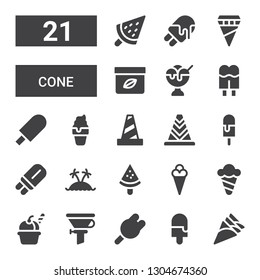 cone icon set. Collection of 21 filled cone icons included Ice cream, Funnel, Popsicle, Island, Cone, Traffic Cream