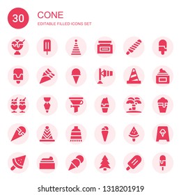 cone icon set. Collection of 30 filled cone icons included Ice cream, Party hat, Cream, Popsicle, Windsock, Cone, Pastry bag, Funnel, Island, Pine