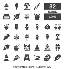 cone icon set. Collection of 32 filled cone icons included Popsicle, Cream, Island, Ice cream, Cone, Traffic barriers, Hop
