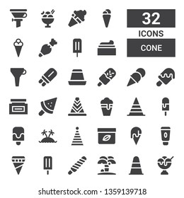 cone icon set. Collection of 32 filled cone icons included Ice cream, Cone, Island, Popsicle, Ice lolly, Cream, Party hat, Creme caramel, Funnel, Pastry bag