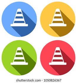 Cone Icon. Set of white icons with long shadow on blue, orange, green and red colored circles. Sticker style