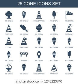 cone icons. Set of 25 filled cone icons included ice cream, barrier, wind cone, party hat, barrier on white background. Editable cone icons for web, mobile and infographics.