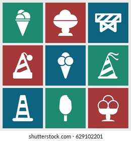 Cone icons set. set of 9 cone filled icons such as cone barrier, barrier, ice cream