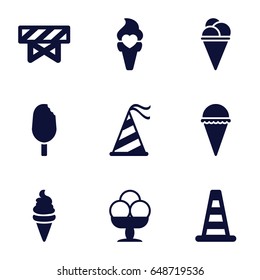 Cone icons set. set of 9 cone filled icons such as cone barrier, barrier, ice cream